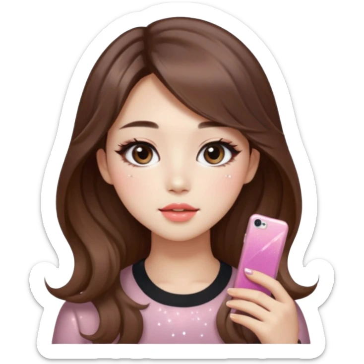 “korean straight brown hair Emoji girl, soft eyeliner and blush, gradient lips, light brown shimmer eyeshadow, sparkly aegyo-sal, long wavy hair,  sticker
