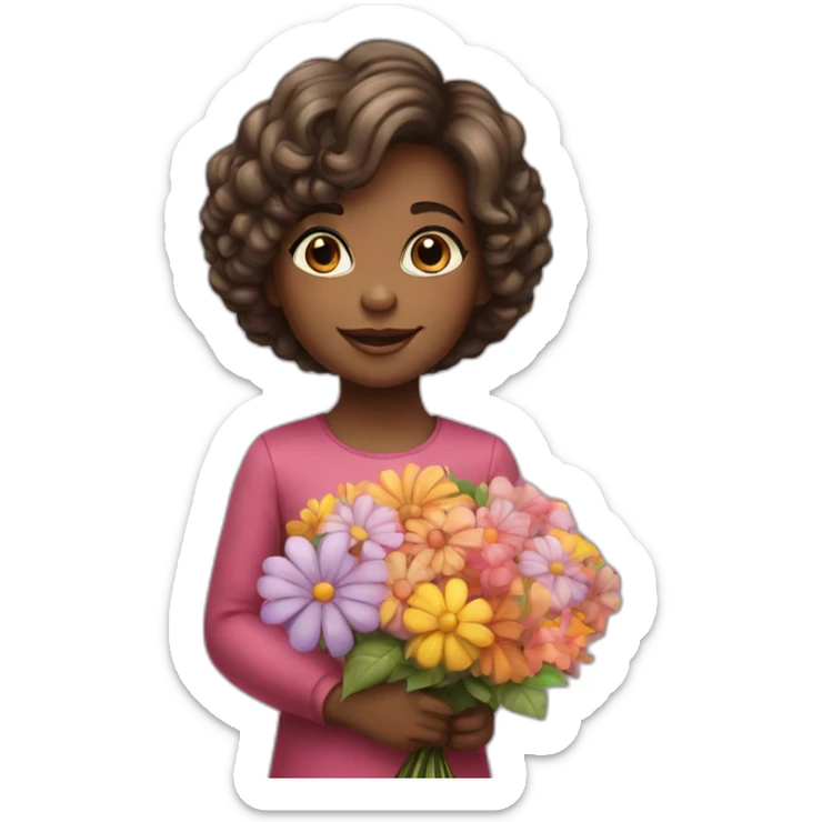 beautiful little girl with a bouquet of flowers in her hands on a big balloon sticker