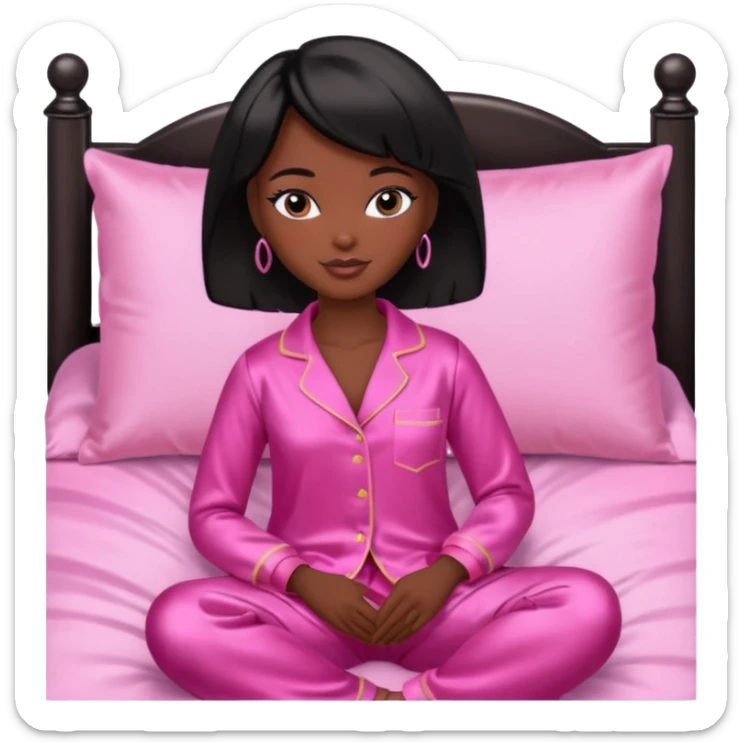 Dark skin Black barbie, short  black bob  hair, pink pajamas in bed  sticker