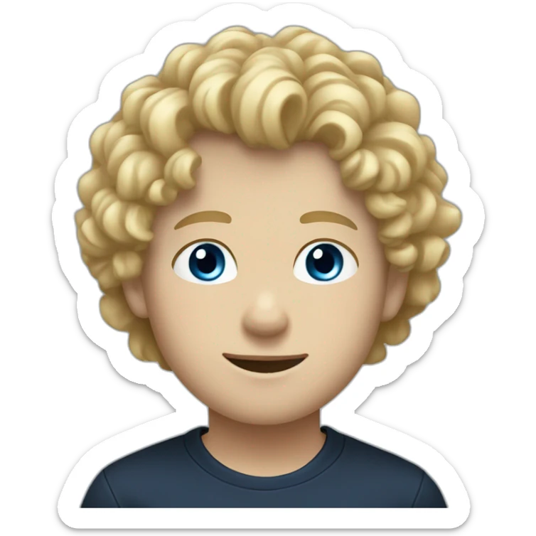 boy with curly hair and blue eyes and blond hair, dark blue shirt, black pants, white shoes sticker
