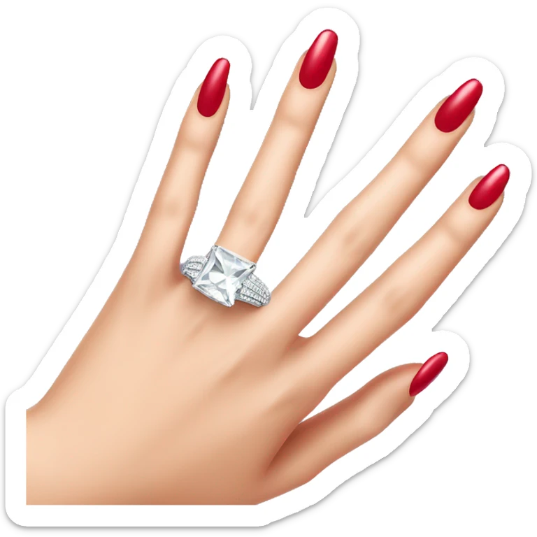 Detailed close up of a diamond ring on hand with 5 fingers and red nail polish sticker