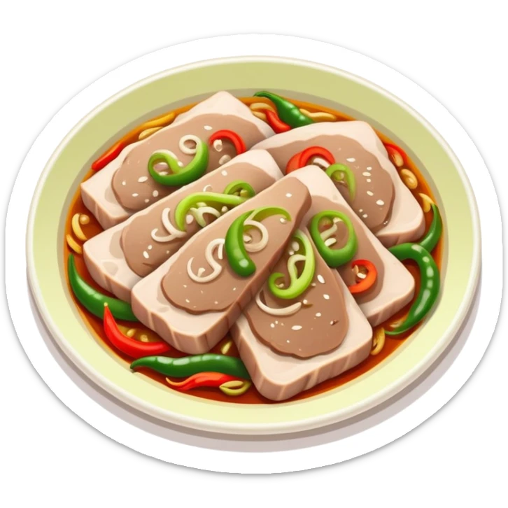 Twice Cooked Pork slices with leek and peppers, simplified emoji style with bold outlines and bright colors, cartoon style Hui Guo Rou Sichuan specialty sticker
