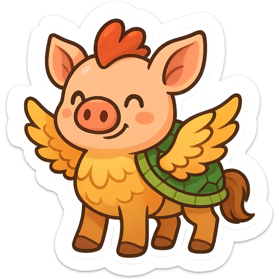 cartoonish fusion of pig, chicken, turtle, and horse, with elements from each animal clearly visible, colorful, playful sticker