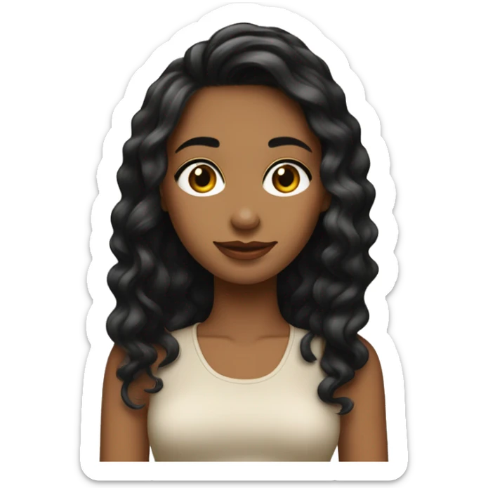 Una chica con cabello ondulado negro y largo hasta los hombros, con lindas pestañas y un top beig sticker