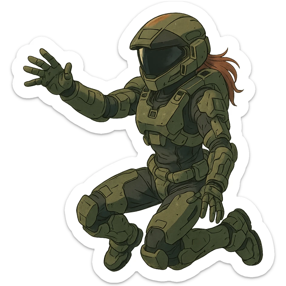 1 female, strengthened sIII spartan-3 helmet with a black visor, a tactical female space warrior floating in zero-g EVA operations, reaching in front of her sticker