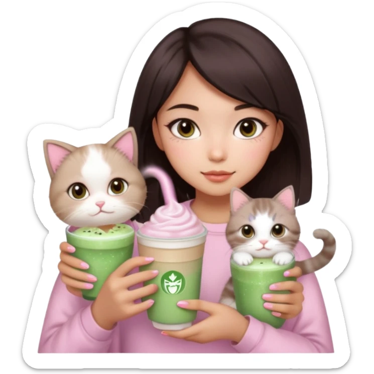 asian girl with short dark brown hair and dark brown eyes with a soft girl pink glowup aesthetic, matcha latte, 2 ragdoll cats, and sparkles sticker