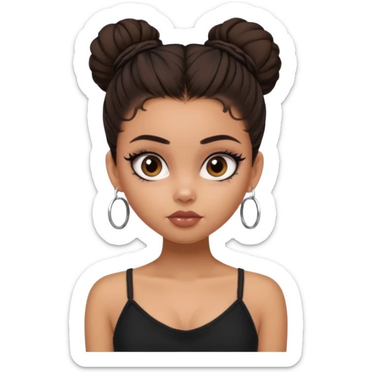 generate a pretty bratz girl in black cami top, dark brown messy bun, eyeliner on. dark brown eyes. NO EARRING sticker