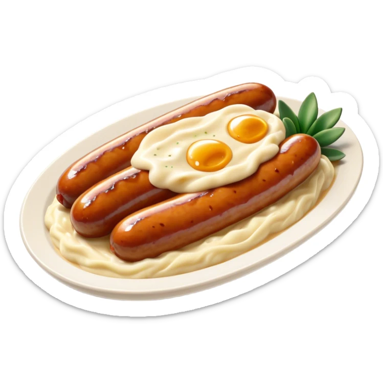 Cinematic Realistic Bangers and Mash Dish Emoji, featuring succulent pork sausages paired with creamy mashed potatoes rendered with detailed textures and natural highlights that emphasize its robust, hearty flavor. sticker