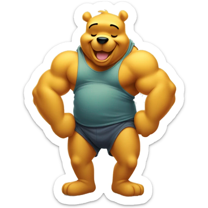 Winnie the pooh flexing big biceps with a big tummy and floppy untied sneakers sticker