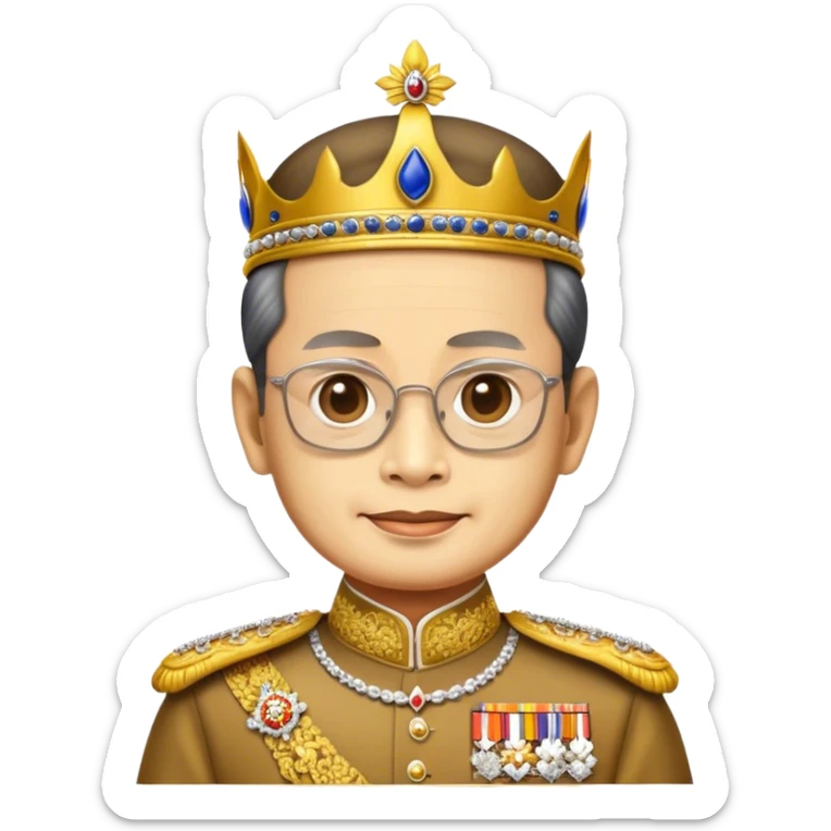 Cinematic Realistic King Bhumibol Adulyadej Portrait Emoji, depicted as a revered Thai monarch with a dignified expression and traditional royal attire, rendered with lifelike textures and soft regal lighting that captures his lasting legacy. sticker