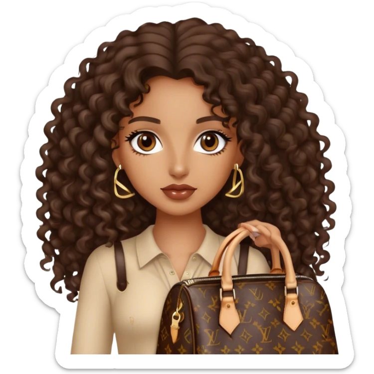 Brown girl with long dark brown long curly hair carrying a Louis Vuitton bag sticker