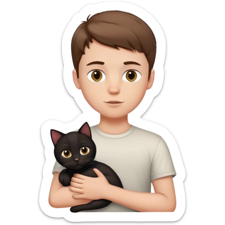 White boy with short brown hair holding a black girl cat sticker