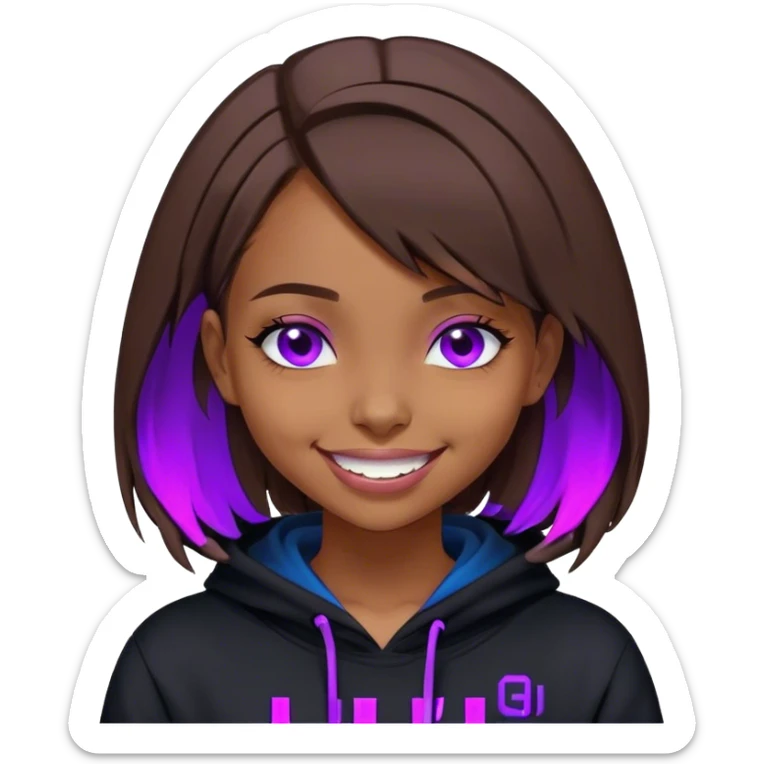 brown haired girl with a bob and blue eyes wearing black hoody with violet letters "Lu", laughs. Cyberpunk style. Violet neon. sticker