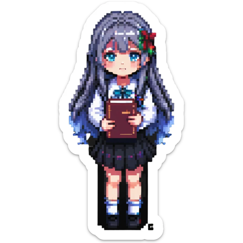 Japanese anime schoolgirl with long hair holding a book in pixel art style sticker