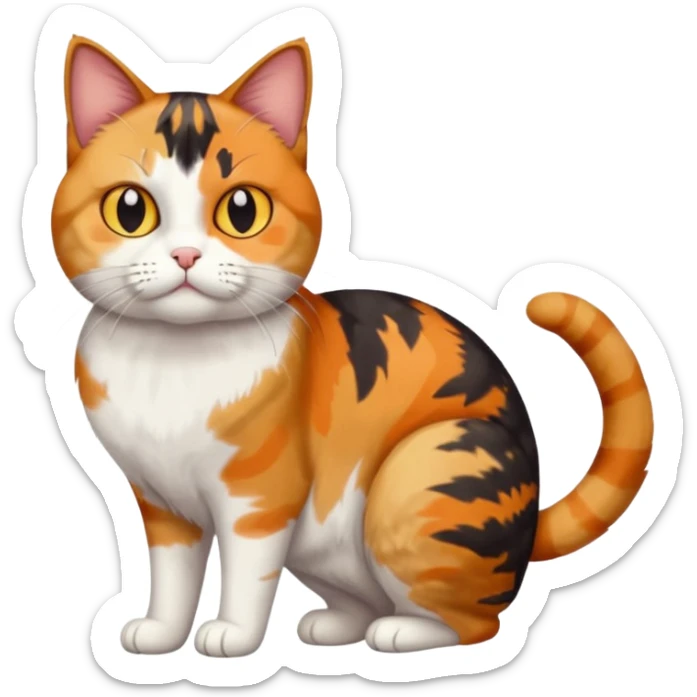 full body colourful calico tabby cat with skinny head and fat body with an anxious face sticker