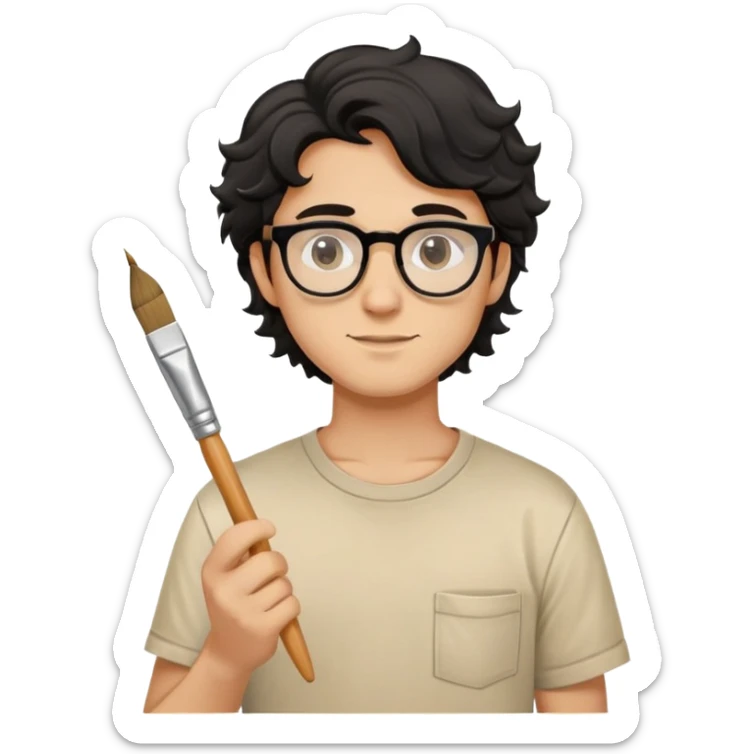 Young caucasian man with black wavy hair, round glasses, beige painting shirt, holding a square paintbrush sticker
