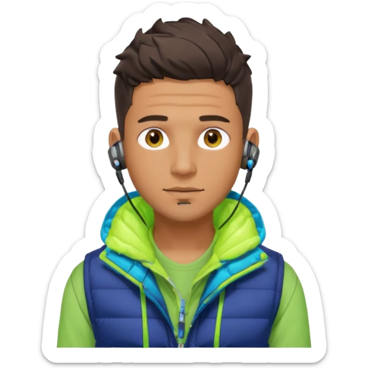 Cyberpunk street adult, hispanic, male, messy undercut, puffer vest over hoodie, glowing earpiece, light stubble, brown eyes, neon reflections sticker