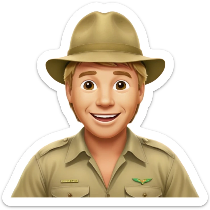 Cinematic Realistic Steve Irwin Portrait Emoji, depicted as a passionate wildlife expert in his signature khaki attire with an enthusiastic smile and a backdrop of the Australian outback, rendered with vibrant textures and dynamic natural lighting that captures his adventurous spirit. sticker