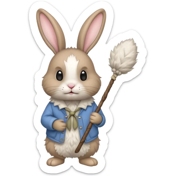 A fluffy rabbit with messy fur, carrying a patched little pouch tied to a stick, ears drooping but expression soft.
 sticker