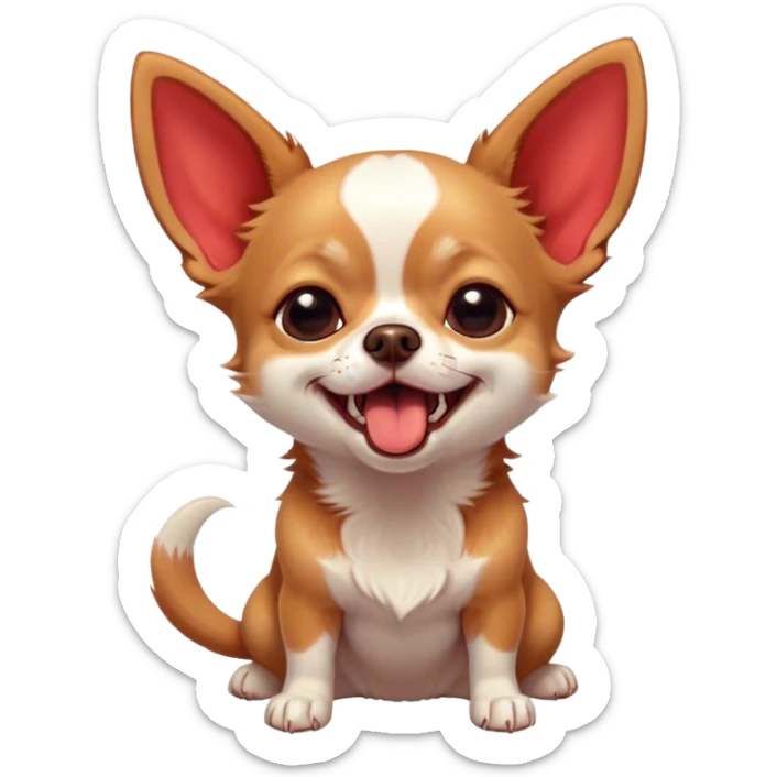 Cinematic Cute Yawning Red/White Short Haired Chihuahua Portrait Emoji, Head tilted slightly with a dramatic, wide-open yawn, soft red and white fur with a smooth texture, floppy ears slightly drooping, round dark eyes barely open in drowsy contentment, Simplified yet irresistibly adorable features, highly detailed, glowing with a soft, cozy glow, high shine, relaxed yet expressive, stylized with a touch of whimsy, bright and endearing, soft glowing outline, capturing the essence of a sleepy yet affectionate pup, so drowsy it feels like it could stretch right out of the screen and curl up for a nap! sticker