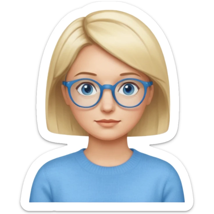 femme 40 ans cheveux courts garçon blond avec raie sur le coté, yeux bleu et lunettes rondes bleues sticker