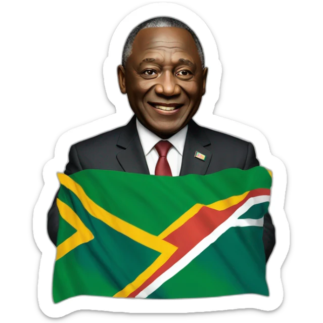 President Cyril Ramaphosa with the flag of South Africa behind him sticker