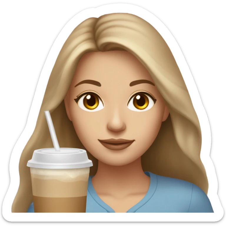 Beautiful white woman mom, long light brown hair, brown eyes, cozy holding an iced coffee sticker