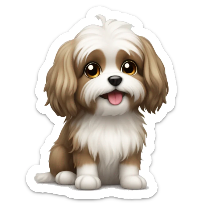 The image shows a cute illustration of a small fluffy dog ​​. Maltipu . sitting on her paws sticker