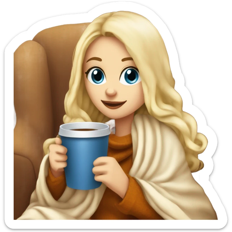 Blonde hair blue eyed white girl covered in blanket autumn vibe sitting on a cozy chair holding coffee sticker