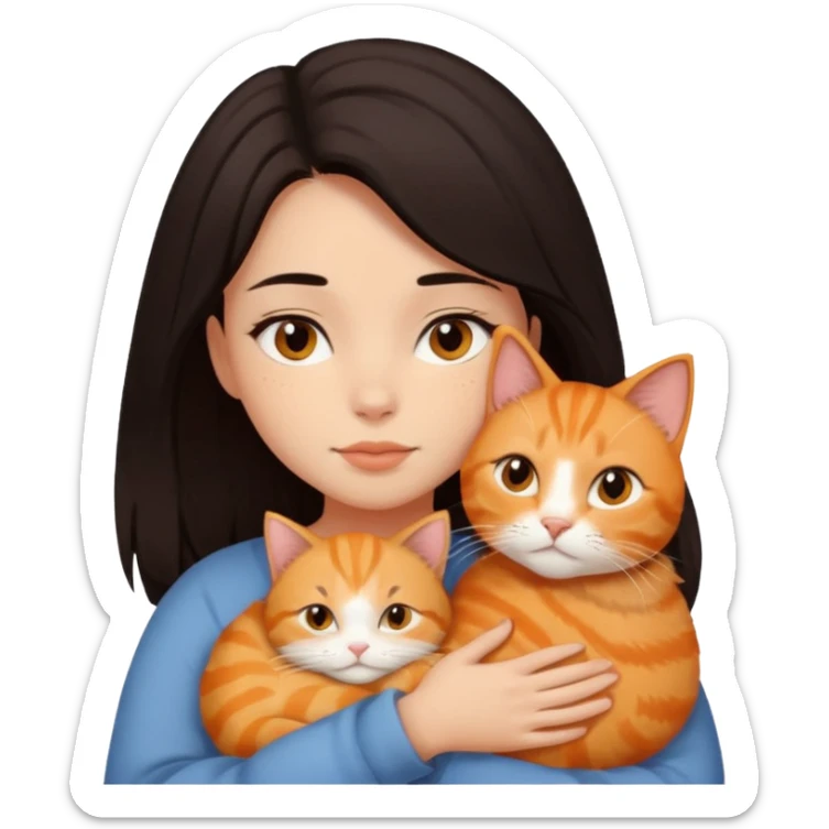 dark-black-brown-hair-to-shoulder girl with brown eyes snuggled with orange tabby cat sticker