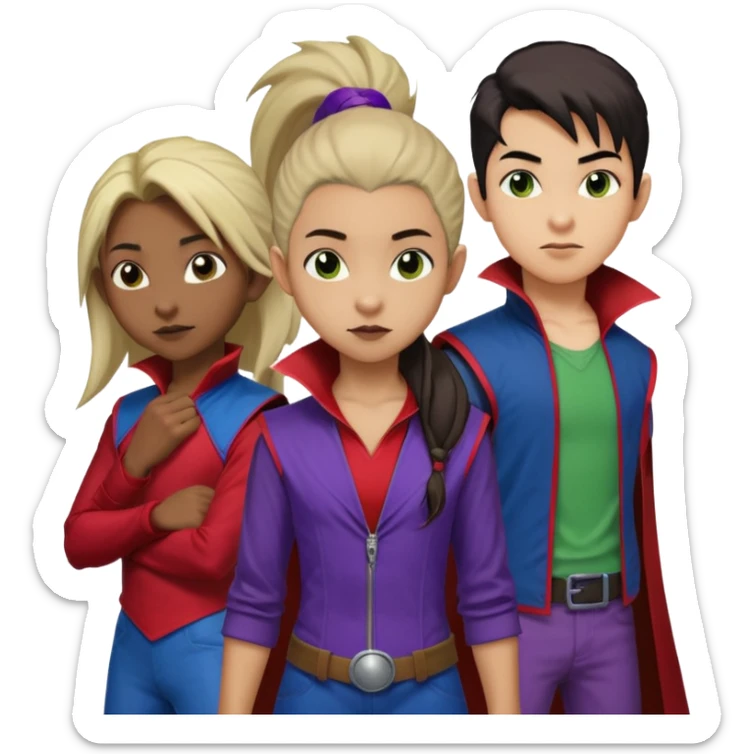 Solo poly platonic relationship, one African girl, one Asian boy, one biracial features Asian tomboy girl rat-tail hair long and upper masculine hair 90s, vampire and marvel cosplay elements inspired  use marvel race, like instead of obvious human, green purple blue etc,  sticker
