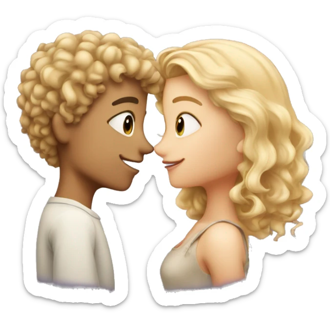 Blonde, curly haired boy and blonde, straight haired girl, kissing sticker