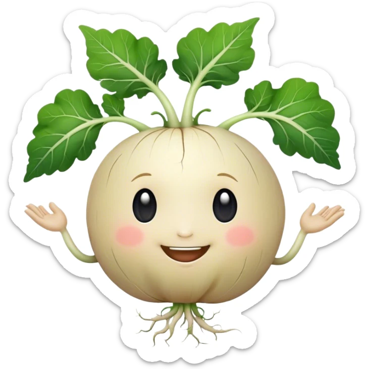 white turnip with cute smiling baby-like face and leafy stalk and cute spindly roots for hands sticker