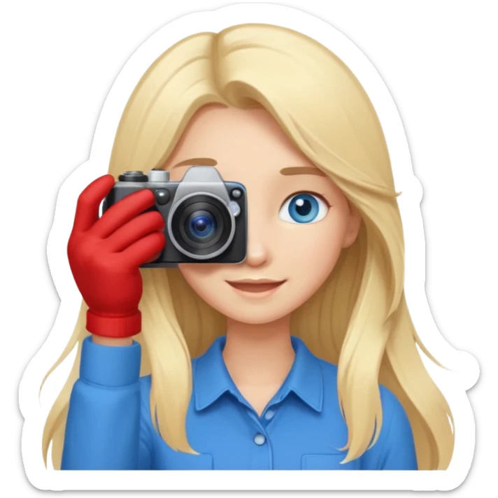  blue eyes blonde girl photographer cartoon taking picture in middle of taking picture camera in front of face long hair smiling funny flash professiona sticker