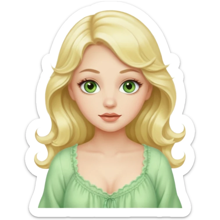 beautiful pale blonde woman green eyes with long eyelashes wavy hair plump lips wearing a pastel yellow babydoll nightgown sticker