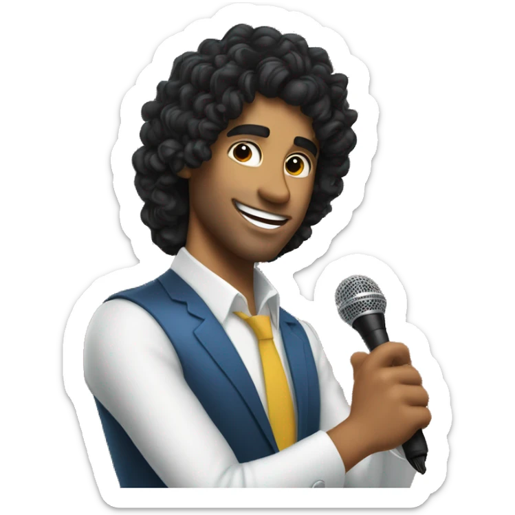 A male game show host with shoulder-length curly black hair and tanned skin holding a microphone sticker
