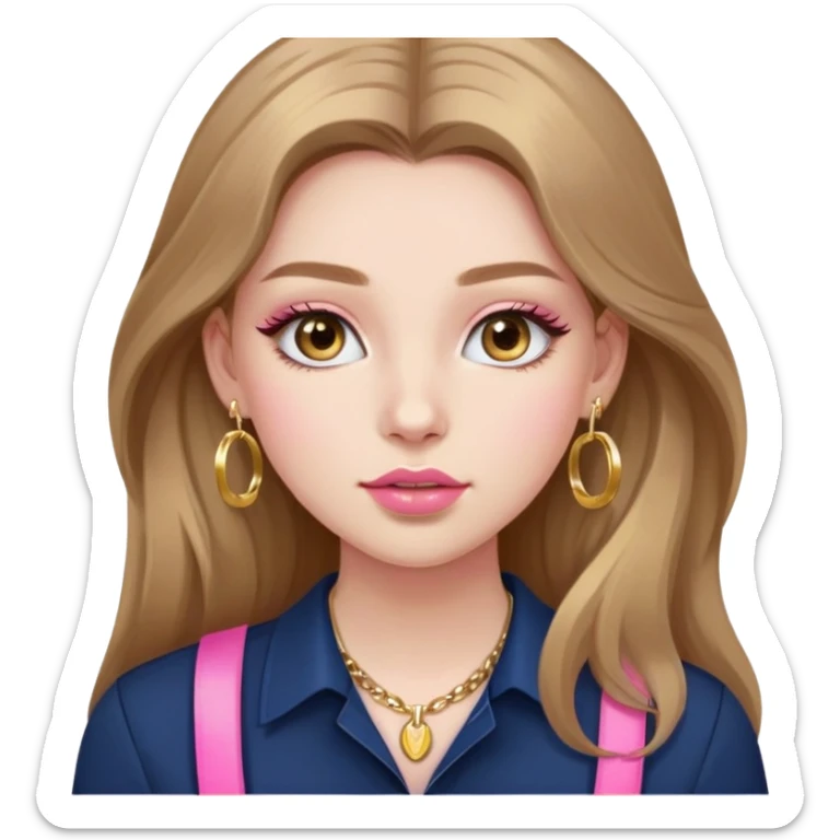 make a girl with long light brown hair who’s white and lashes and pink lips and mascara and highlighter and blush and a gold hoops and a necklace preferably gold and a navy shirt sticker