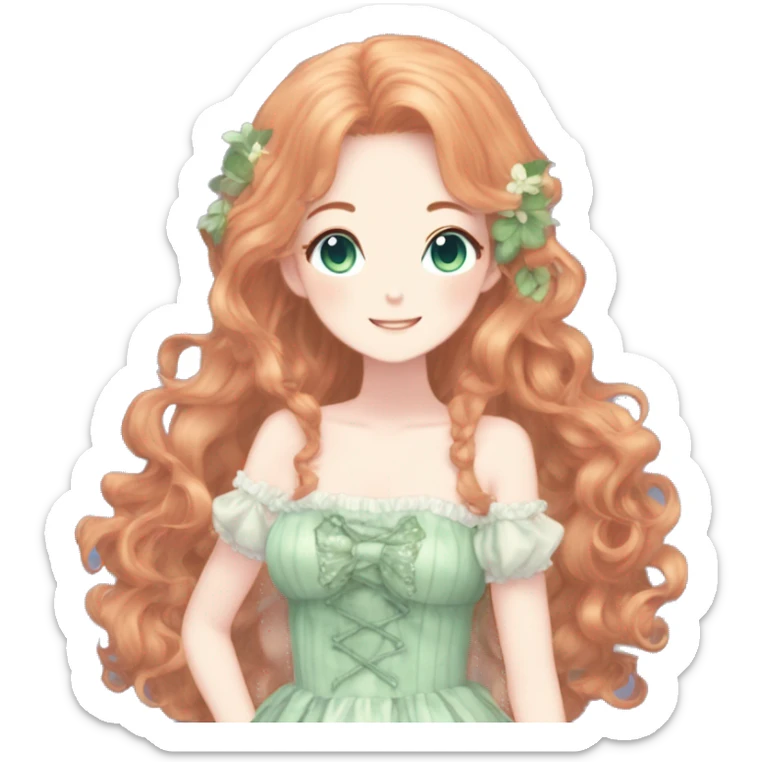 gorgeous pretty attractive anime lady beautiful hair with gorgeous dress fairycore cottagecore pastelcore detailed high quality trending VOGUE aesthetic full body ginger hair blue green eyes sticker