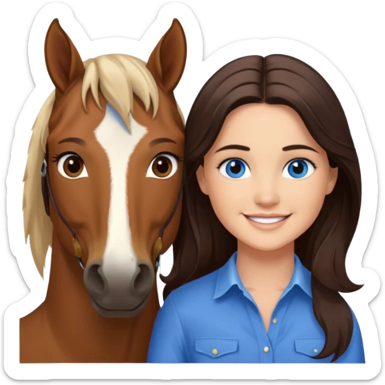 Smiling blue eyed trevor donovan with smiling danica mckellan with brown eyes and brown horse sticker