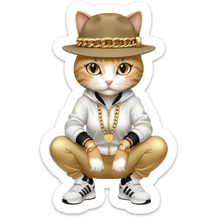 female cat dressed like Run DMC in tracksuit, fedora, Adidas shoes, lots of gold chains, rings, bracelets, earrings, whispering to a friend, no sunglasses sticker