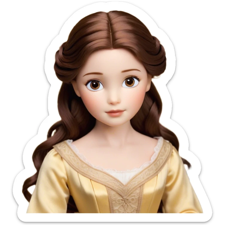 Cinematic Realistic Belle Portrait, depicted with lifelike skin texture, soft natural lighting, and intricately detailed brown hair styled elegantly. Her deep, expressive eyes exude warmth and intelligence, complemented by a serene and graceful expression. She is dressed in her classic attire, with rich fabric textures and delicate folds that catch the light beautifully. The portrait features a soft, enchanting glow with a natural, radiant finish, capturing the essence of timeless beauty in a realistic and painterly style, evoking a sense of depth and authenticity. sticker