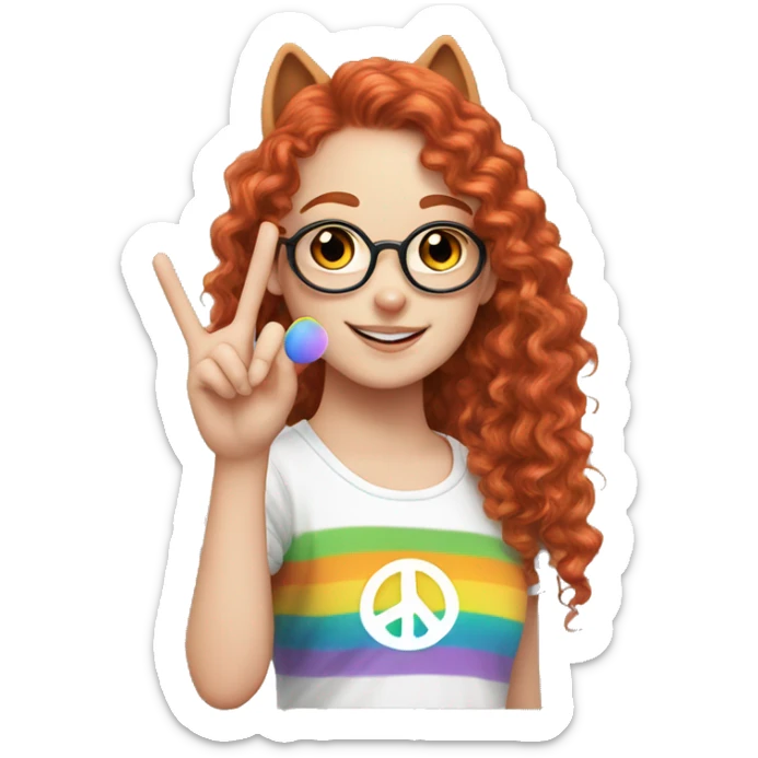 a white girl with long red curly hair in a pony tail with rainbow shirt does peace sign wearing cat ears one black other white sticker