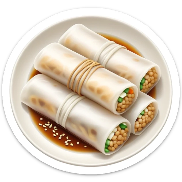 Cantonese rice noodle roll Cheung Fun with soy sauce and sesame seeds, simplified emoji style with bold outlines and bright colors, cartoon style translucent rolled rice sheets on plate sticker