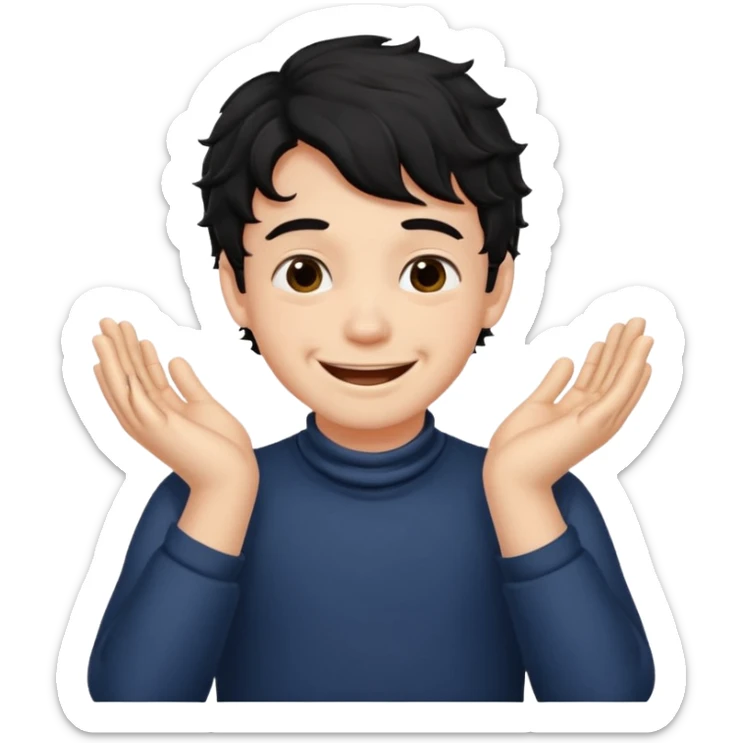 a boy with black wavy hair smiling very big but strangling his neck with his hands sticker