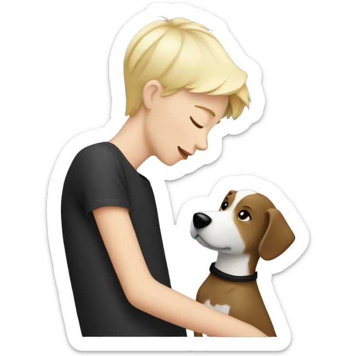 Tom boy with short blonde hair kissing a black and white dog with long hair sticker