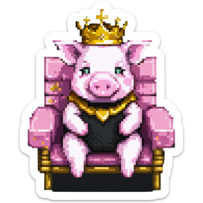 cartoon-like playful pixel art pig with a golden crown sitting on a throne, blocky and square like Minecraft, very few pixels, simple and charming sticker