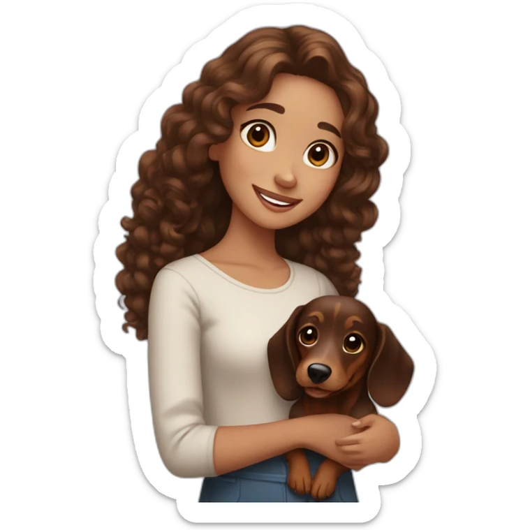 Girl long curly brown hair smiling and brown eyes with long eyelashes and holding a dachshund  in her arms sticker