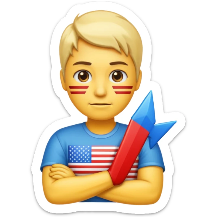 Freezing face emoji, American flag emoji, person with arms crossed emoji, glossy right-pointing arrow, all arranged in a single horizontal line, highly polished game UI style. sticker
