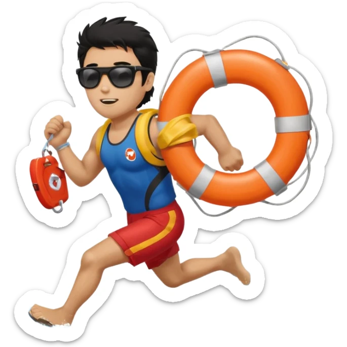 Dark Tan Muscular lifeguard with messy black hair with sunglasses running with life preserver sticker