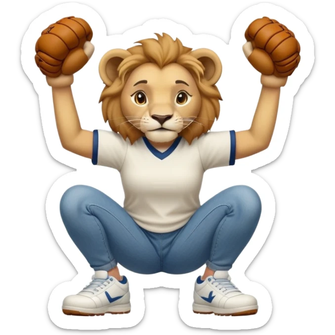 friendly anthropomorphised female lion wearing a baseball shirt, jeans, and trainers, in a squat position, lifting something up sticker